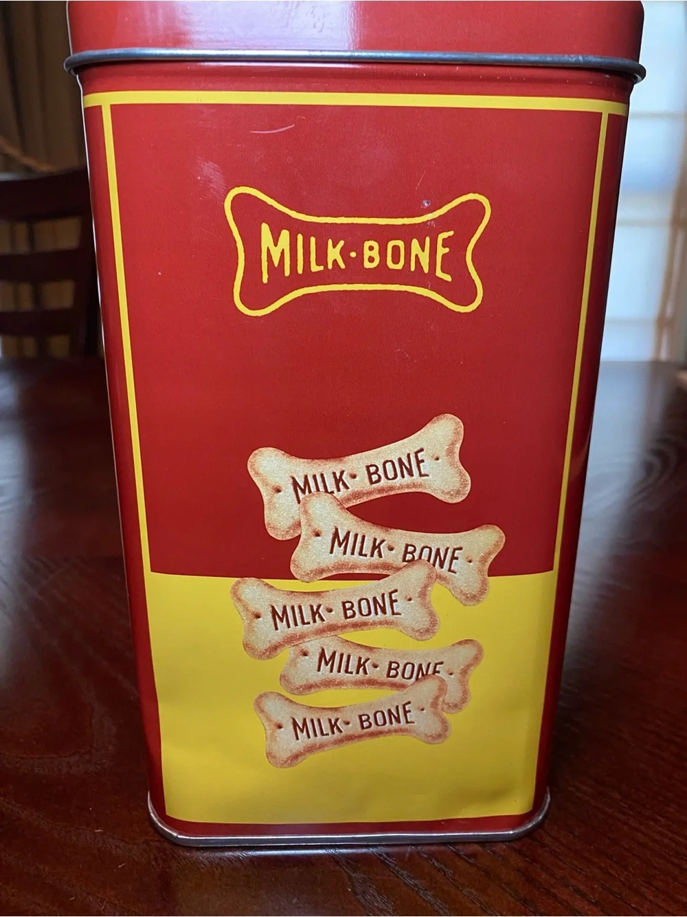 Vintage Red and Yellow Milk-Bone Dog Biscuits Tin Can 9x6x5